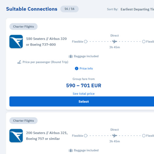 Price quotes for charter flights