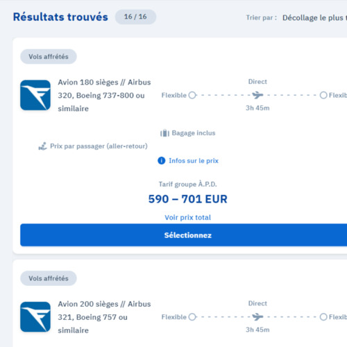 Indication de prix pour vols charters